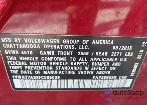 2015 Volkswagen Passat 1.8T S from USA, damaged, VIN 1VWAT7A33FC095039